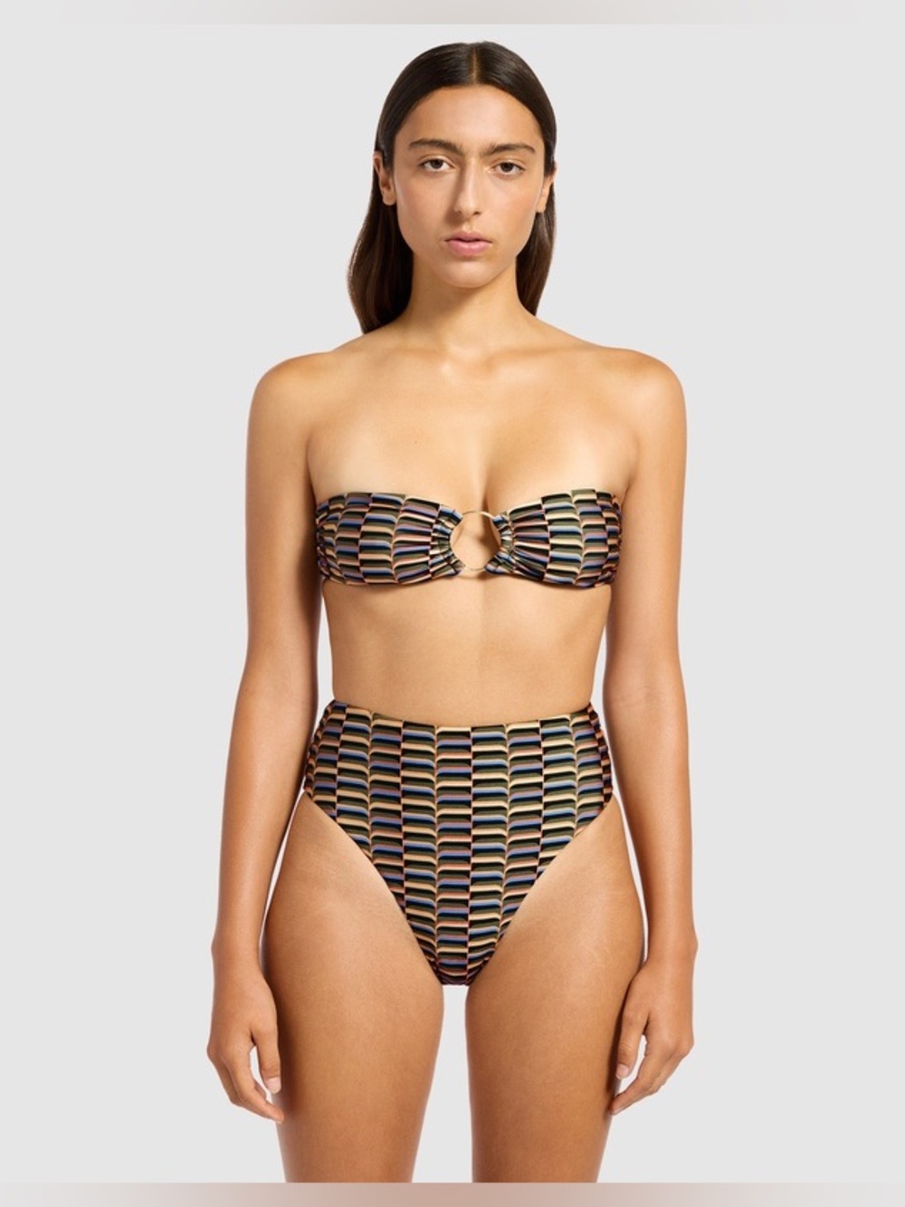 Striped High-Waist Bandeau Bikini Set with Ring Detail - Multi-Color